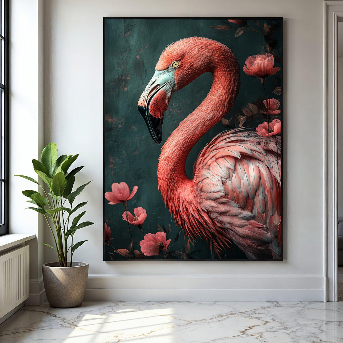 Elegant Flamingo Portrait Canvas, Tropical Bird Wall Art, Pink Feather Detail, Floral Nature Canvas Decor, Ready Gift Art, Home Decor, Print