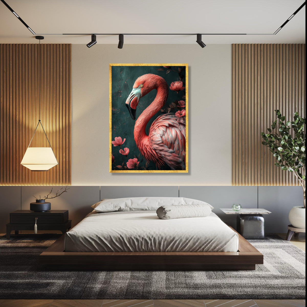 Elegant Flamingo Portrait Canvas, Tropical Bird Wall Art, Pink Feather Detail, Floral Nature Canvas Decor, Ready Gift Art, Home Decor, Print