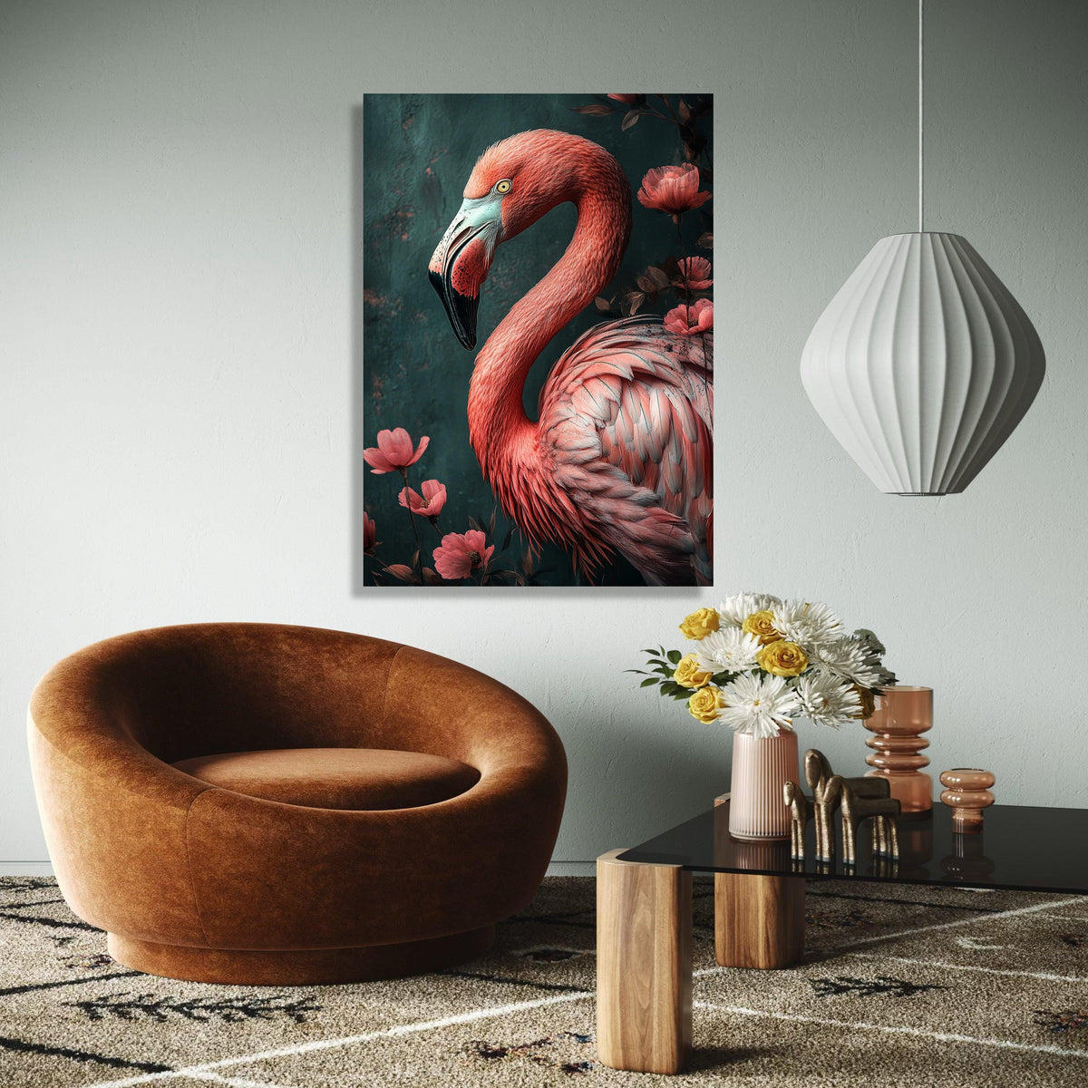 Elegant Flamingo Portrait Canvas, Tropical Bird Wall Art, Pink Feather Detail, Floral Nature Canvas Decor, Ready Gift Art, Home Decor, Print