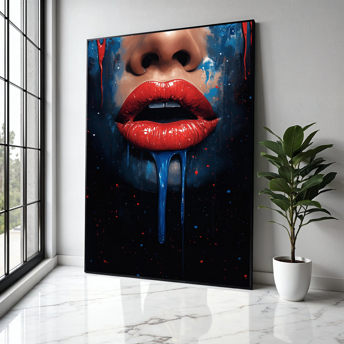 Bold Red Lips Canvas Wall Art, Dripping Paint Abstract Portrait, Modern Pop Art Decor, Vibrant Face Painting, Gift Art, Home Decor, Print