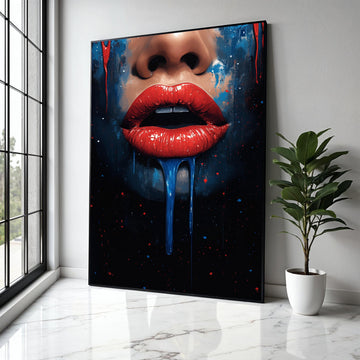 Bold Red Lips Canvas Wall Art, Dripping Paint Abstract Portrait, Modern Pop Art Decor, Vibrant Face Painting, Gift Art, Home Decor, Print