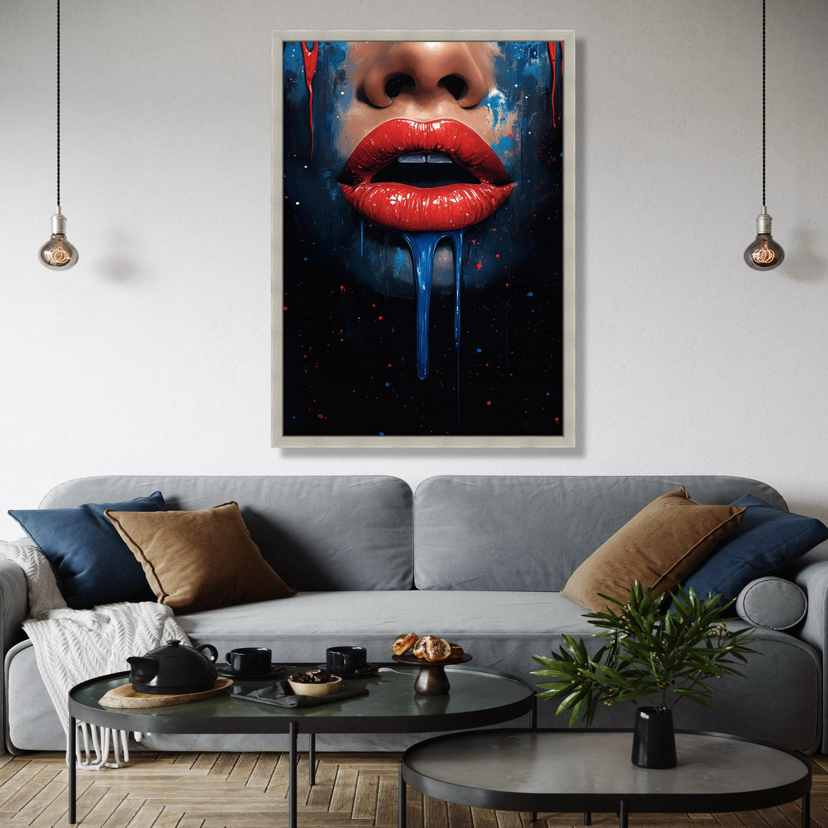 Bold Red Lips Canvas Wall Art, Dripping Paint Abstract Portrait, Modern Pop Art Decor, Vibrant Face Painting, Gift Art, Home Decor, Print