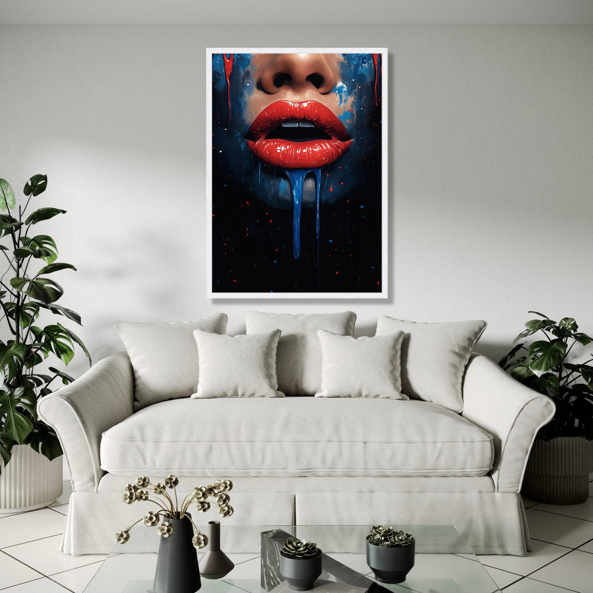 Bold Red Lips Canvas Wall Art, Dripping Paint Abstract Portrait, Modern Pop Art Decor, Vibrant Face Painting, Gift Art, Home Decor, Print