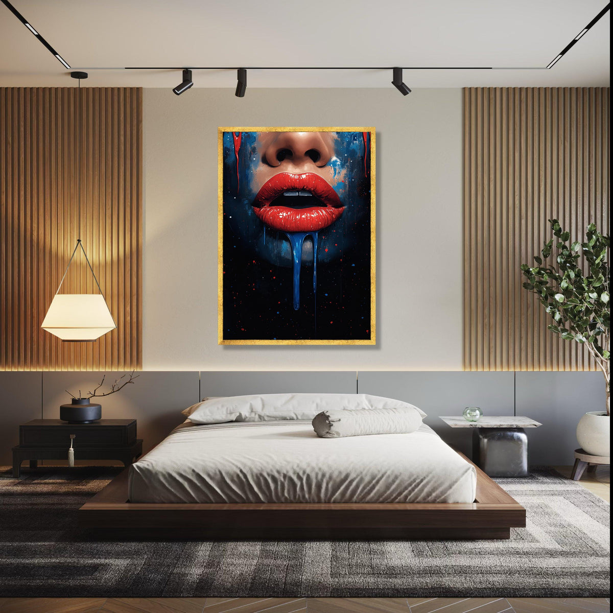 Bold Red Lips Canvas Wall Art, Dripping Paint Abstract Portrait, Modern Pop Art Decor, Vibrant Face Painting, Gift Art, Home Decor, Print