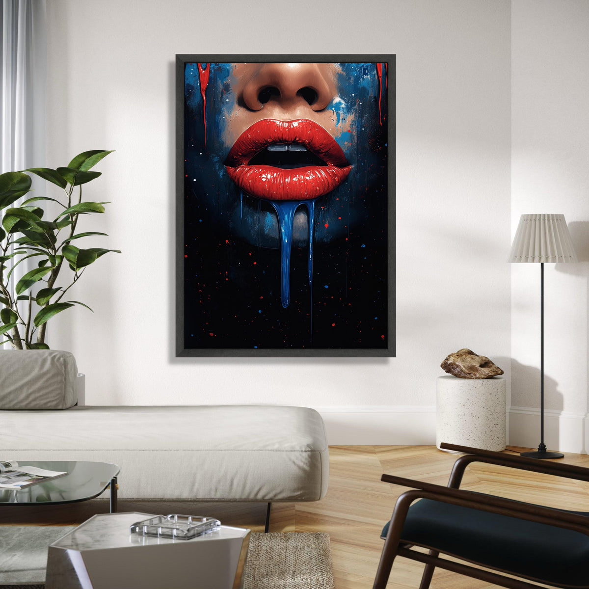 Bold Red Lips Canvas Wall Art, Dripping Paint Abstract Portrait, Modern Pop Art Decor, Vibrant Face Painting, Gift Art, Home Decor, Print