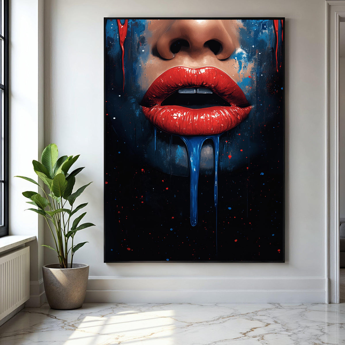 Bold Red Lips Canvas Wall Art, Dripping Paint Abstract Portrait, Modern Pop Art Decor, Vibrant Face Painting, Gift Art, Home Decor, Print