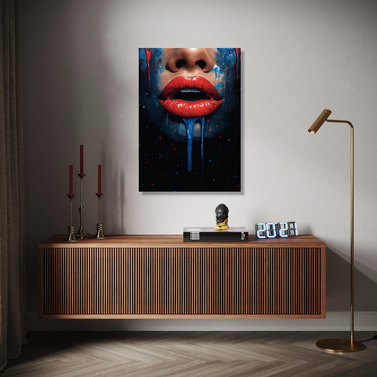 Bold Red Lips Canvas Wall Art, Dripping Paint Abstract Portrait, Modern Pop Art Decor, Vibrant Face Painting, Gift Art, Home Decor, Print