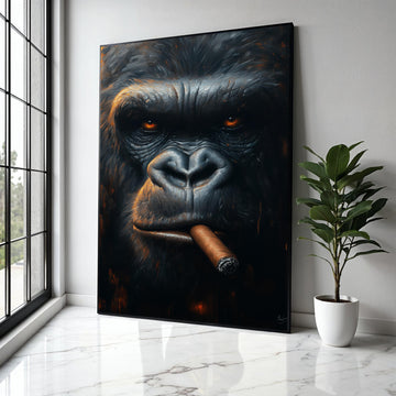 Intense Gorilla Portrait Canvas, Smoking Cigar Wall Art, Animal Face Close-Up, Dark Moody Home Decor, Unique Gift Art, Home Decor, Print