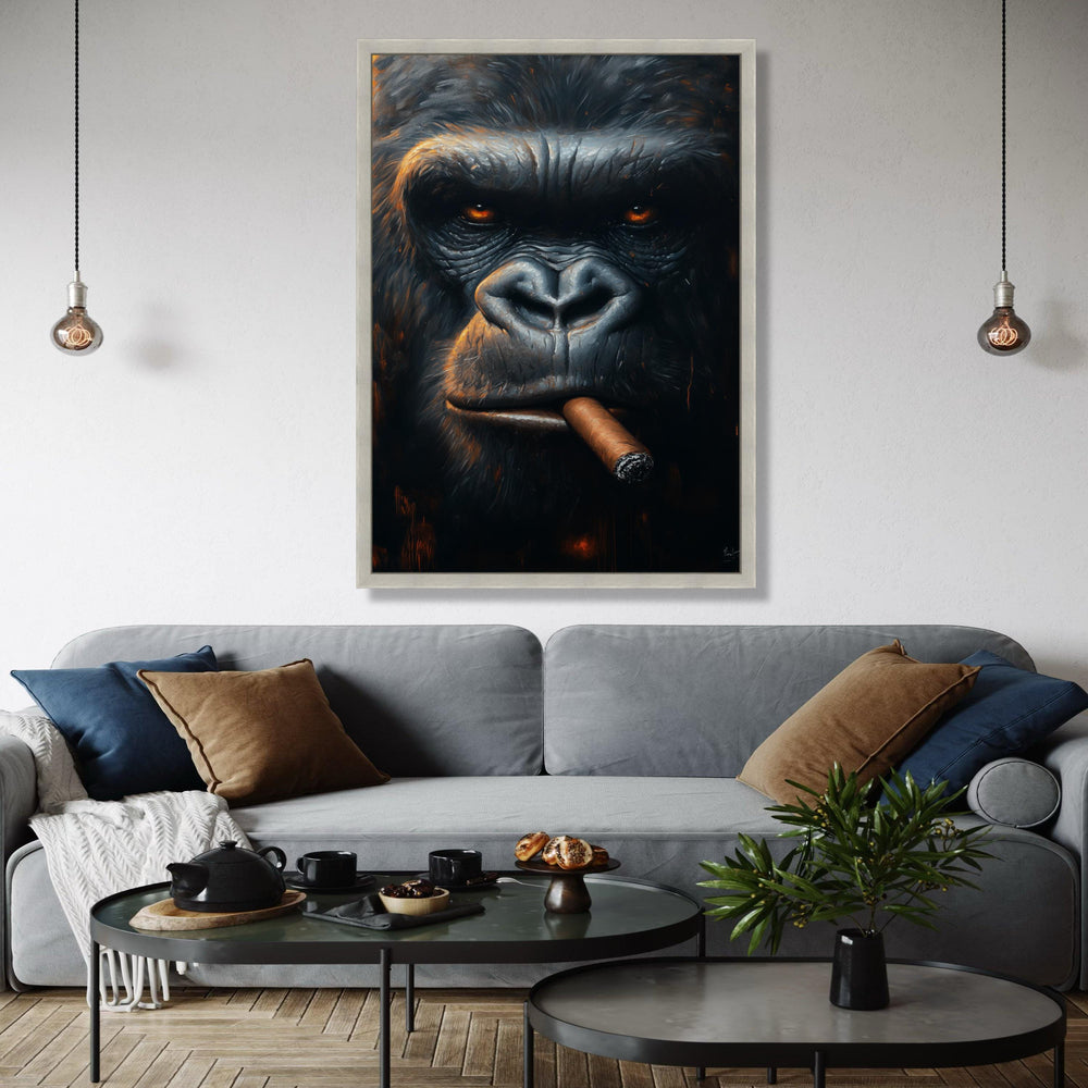 Intense Gorilla Portrait Canvas, Smoking Cigar Wall Art, Animal Face Close-Up, Dark Moody Home Decor, Unique Gift Art, Home Decor, Print