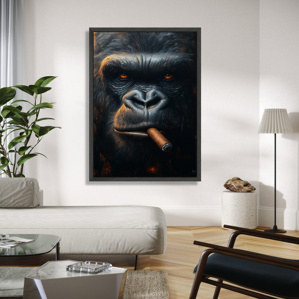 Intense Gorilla Portrait Canvas, Smoking Cigar Wall Art, Animal Face Close-Up, Dark Moody Home Decor, Unique Gift Art, Home Decor, Print