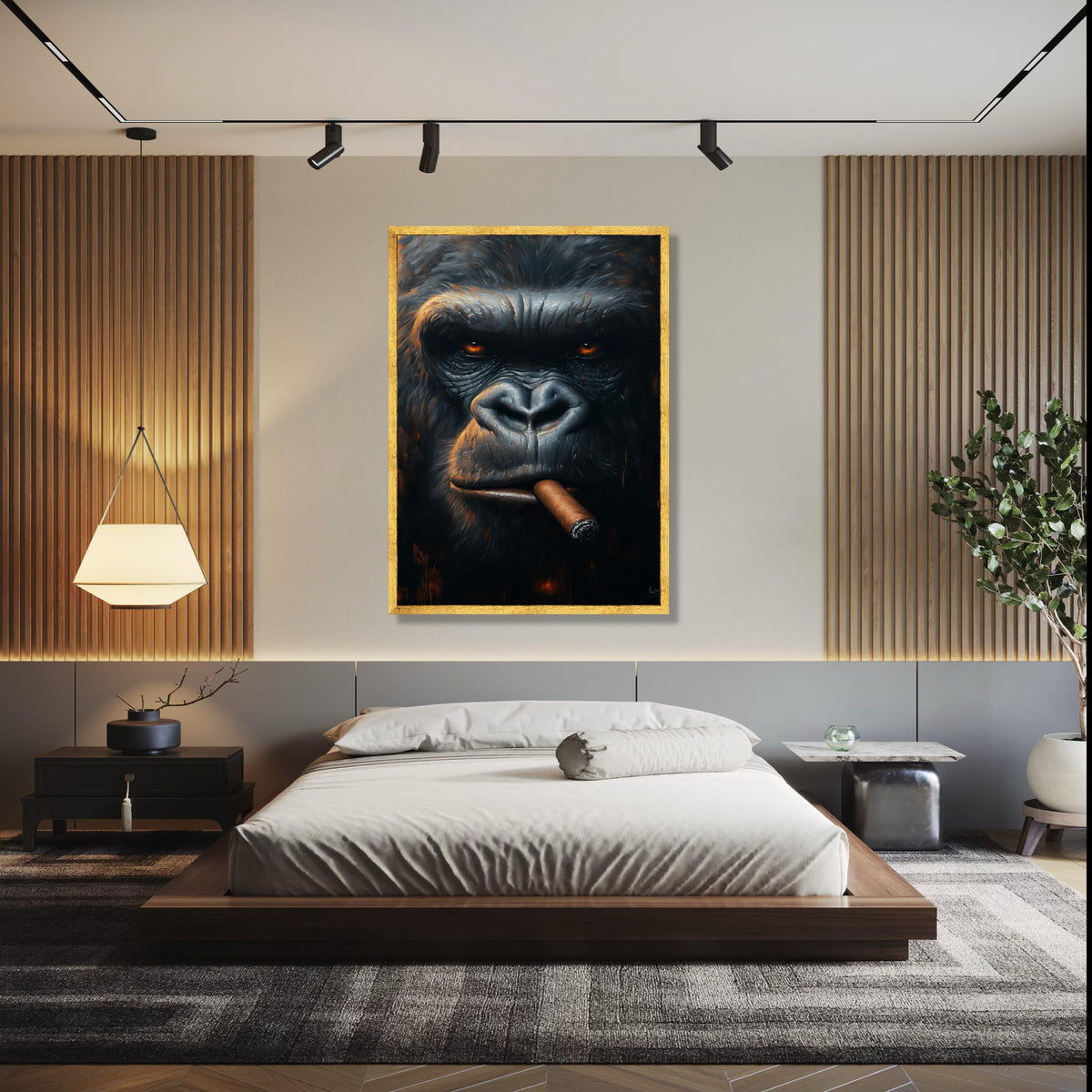 Intense Gorilla Portrait Canvas, Smoking Cigar Wall Art, Animal Face Close-Up, Dark Moody Home Decor, Unique Gift Art, Home Decor, Print