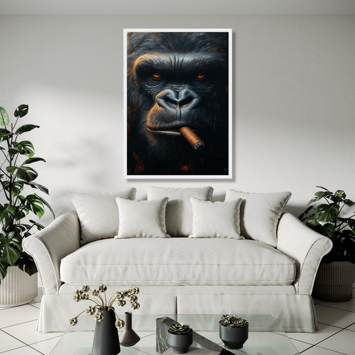 Intense Gorilla Portrait Canvas, Smoking Cigar Wall Art, Animal Face Close-Up, Dark Moody Home Decor, Unique Gift Art, Home Decor, Print