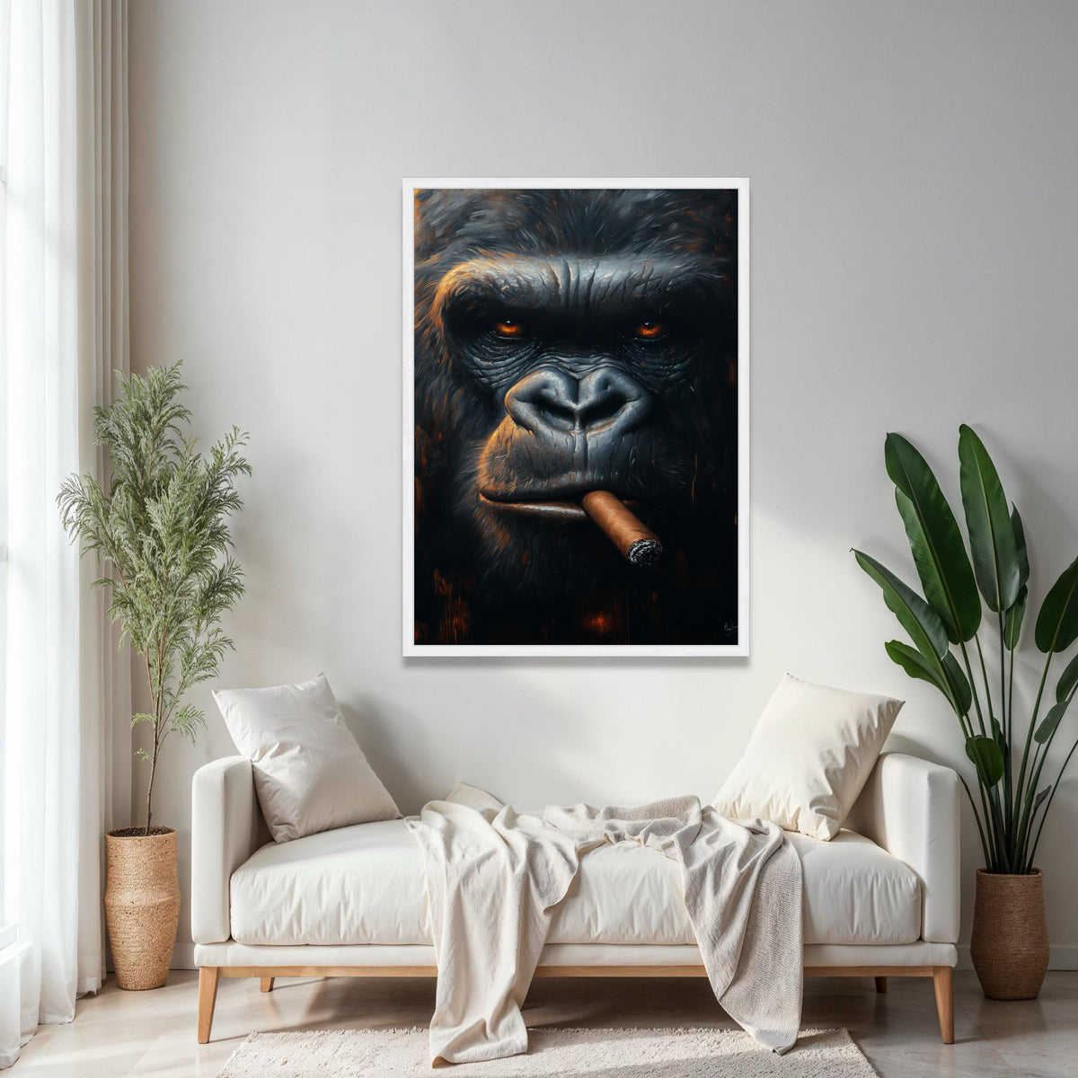 Intense Gorilla Portrait Canvas, Smoking Cigar Wall Art, Animal Face Close-Up, Dark Moody Home Decor, Unique Gift Art, Home Decor, Print