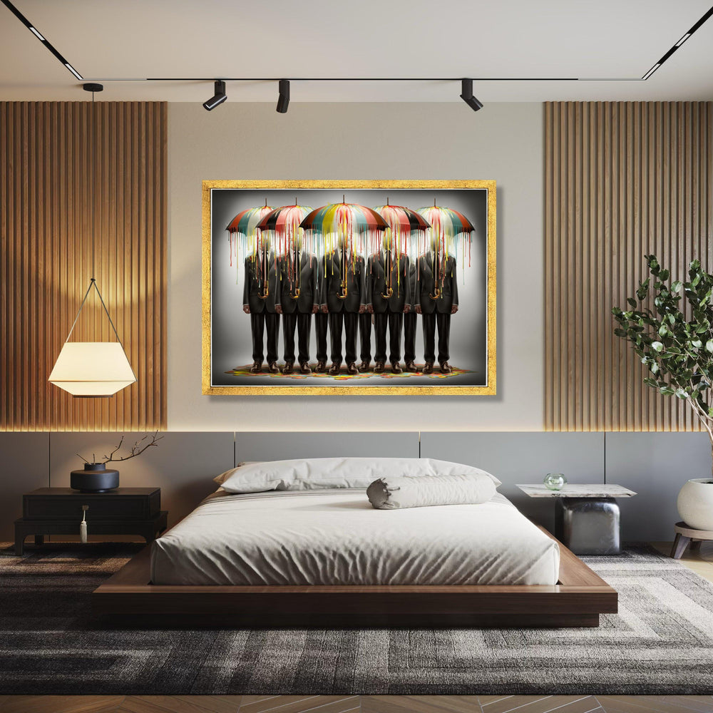 Surreal Businessmen with Dripping Paint Umbrellas Canvas, Abstract Figurative Wall Art, Modern Office Decor, Gift Art, Home Decor, Print