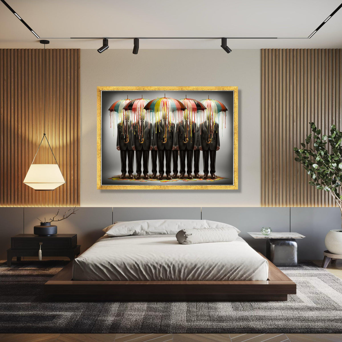 Surreal Businessmen with Dripping Paint Umbrellas Canvas, Abstract Figurative Wall Art, Modern Office Decor, Gift Art, Home Decor, Print