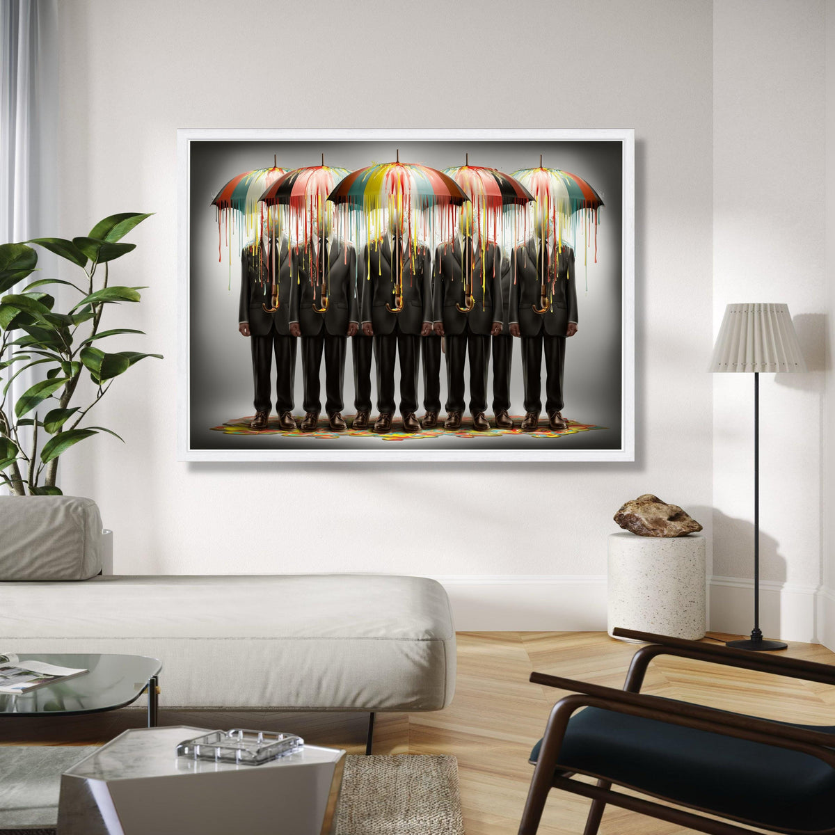 Surreal Businessmen with Dripping Paint Umbrellas Canvas, Abstract Figurative Wall Art, Modern Office Decor, Gift Art, Home Decor, Print