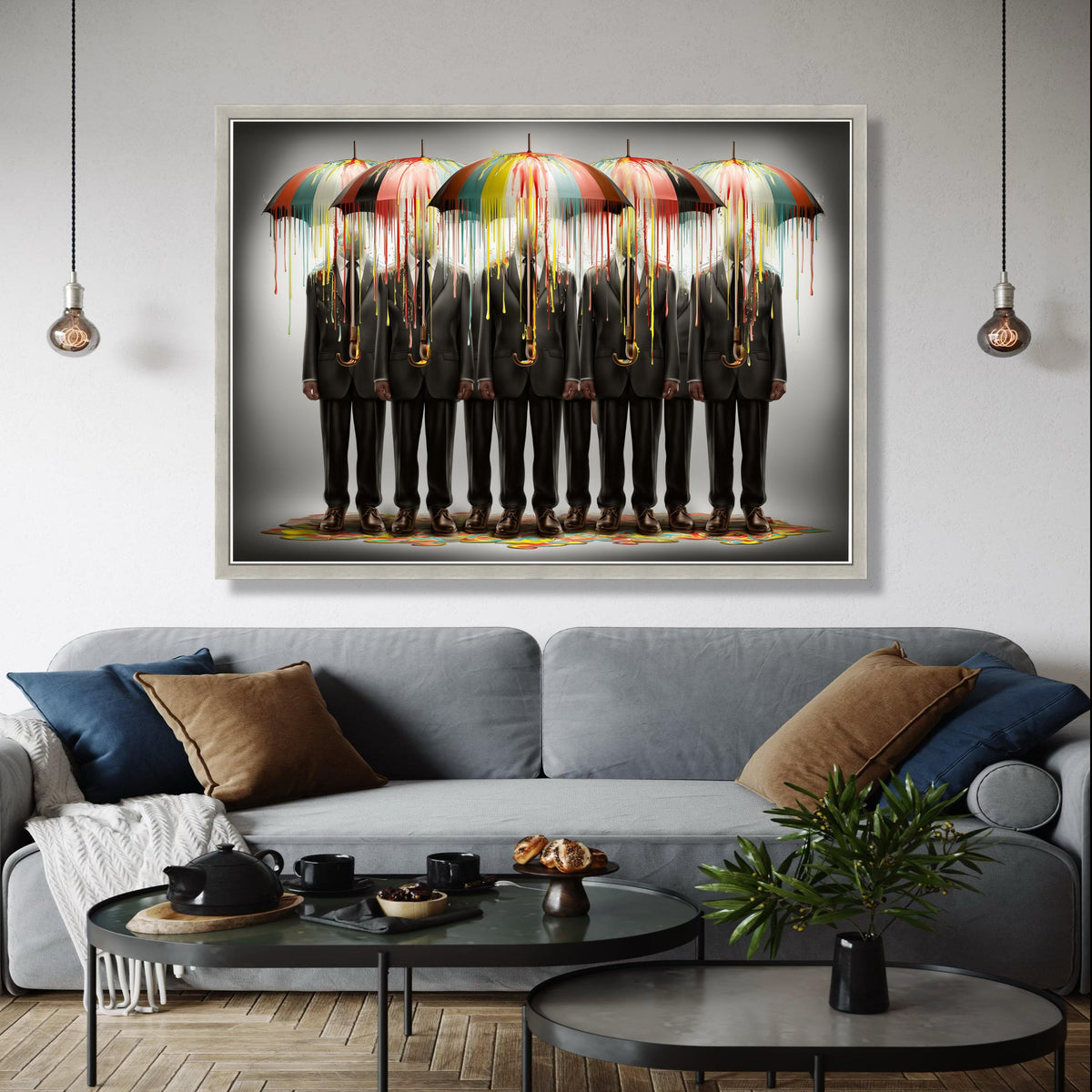 Surreal Businessmen with Dripping Paint Umbrellas Canvas, Abstract Figurative Wall Art, Modern Office Decor, Gift Art, Home Decor, Print
