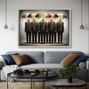 Surreal Businessmen with Dripping Paint Umbrellas Canvas, Abstract Figurative Wall Art, Modern Office Decor, Gift Art, Home Decor, Print