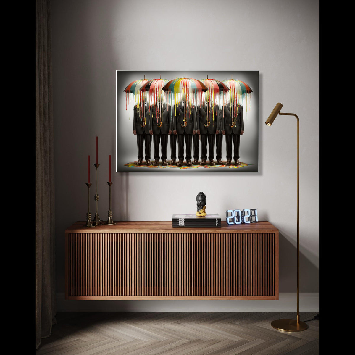 Surreal Businessmen with Dripping Paint Umbrellas Canvas, Abstract Figurative Wall Art, Modern Office Decor, Gift Art, Home Decor, Print