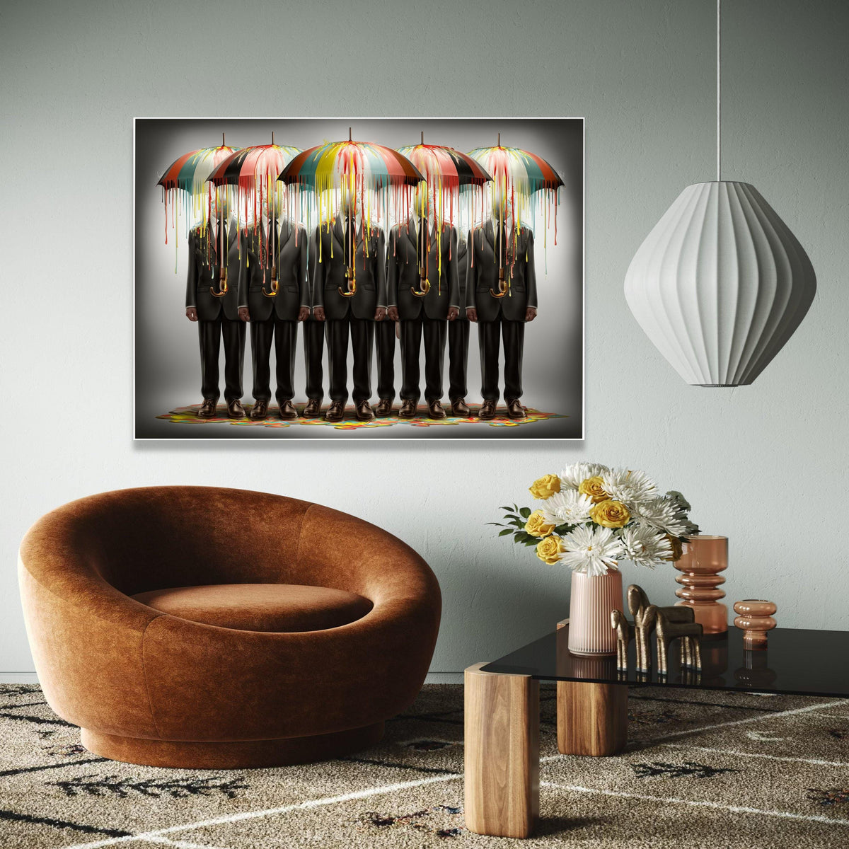 Surreal Businessmen with Dripping Paint Umbrellas Canvas, Abstract Figurative Wall Art, Modern Office Decor, Gift Art, Home Decor, Print