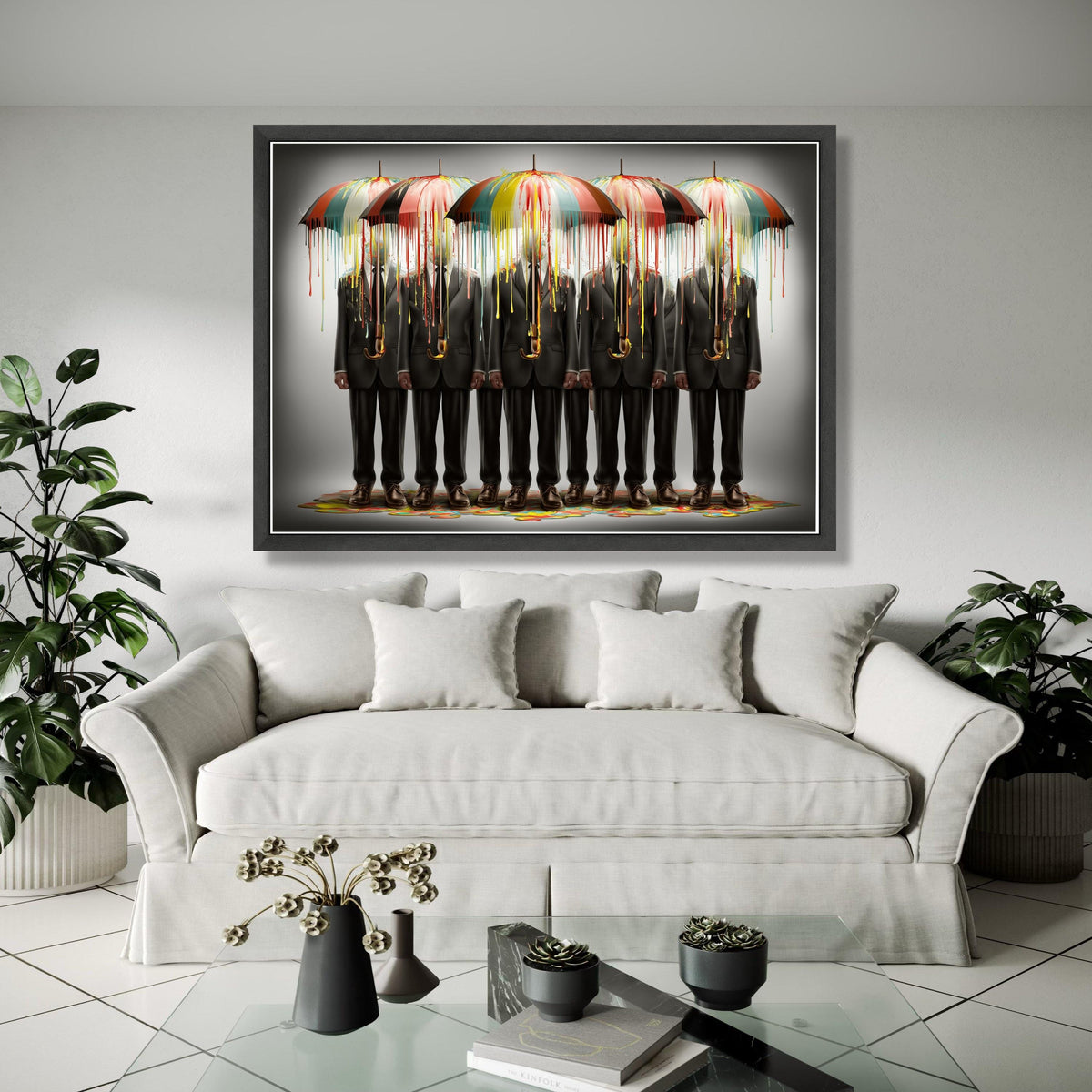 Surreal Businessmen with Dripping Paint Umbrellas Canvas, Abstract Figurative Wall Art, Modern Office Decor, Gift Art, Home Decor, Print