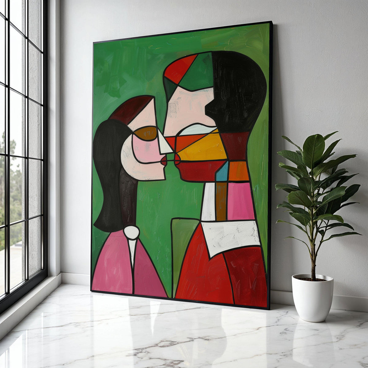Abstract Couple Kissing Canvas, Modern Cubism Wall Art, Colorful Expressionist Painting, Romantic Home Decor, Gift Art, Home Decor, Print