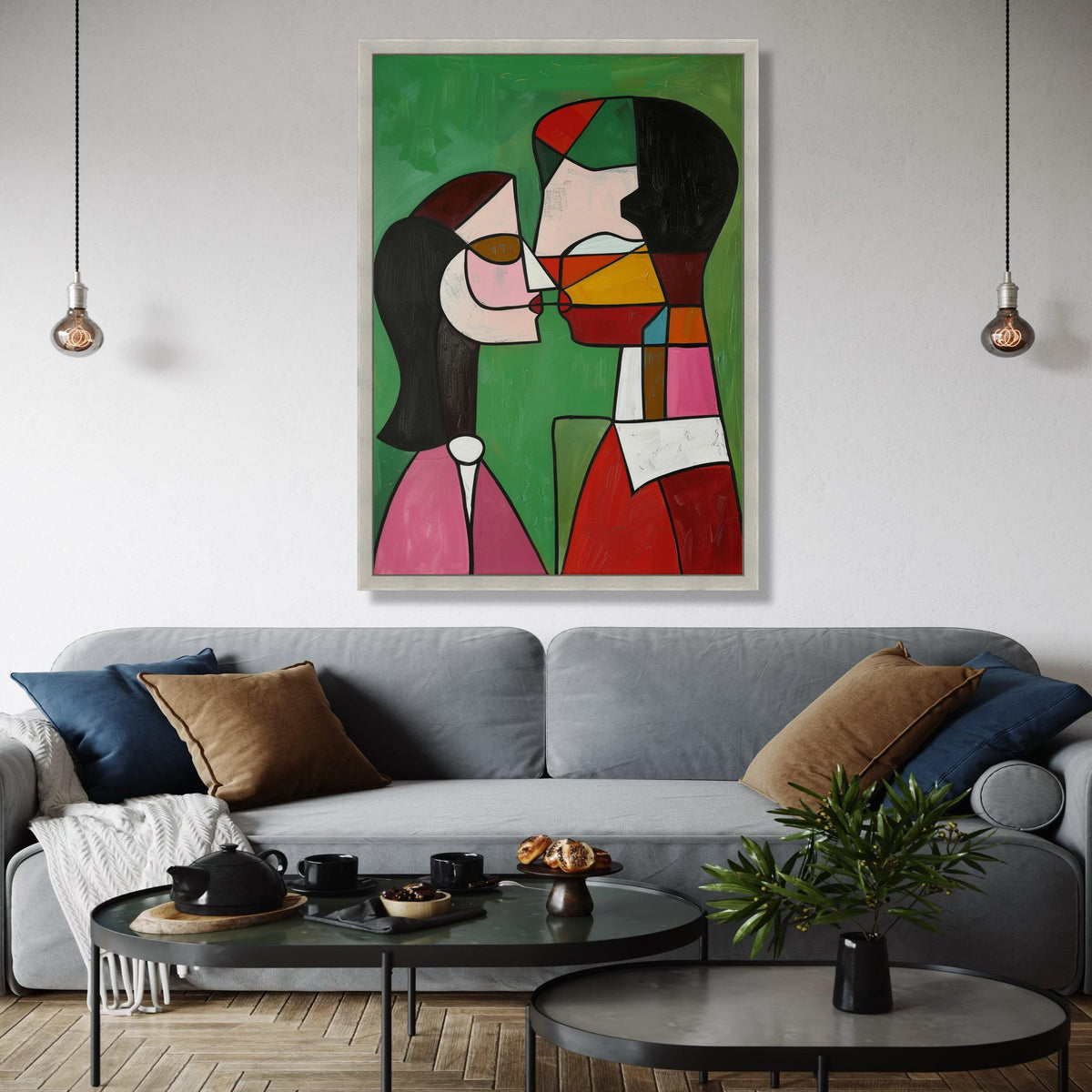 Abstract Couple Kissing Canvas, Modern Cubism Wall Art, Colorful Expressionist Painting, Romantic Home Decor, Gift Art, Home Decor, Print