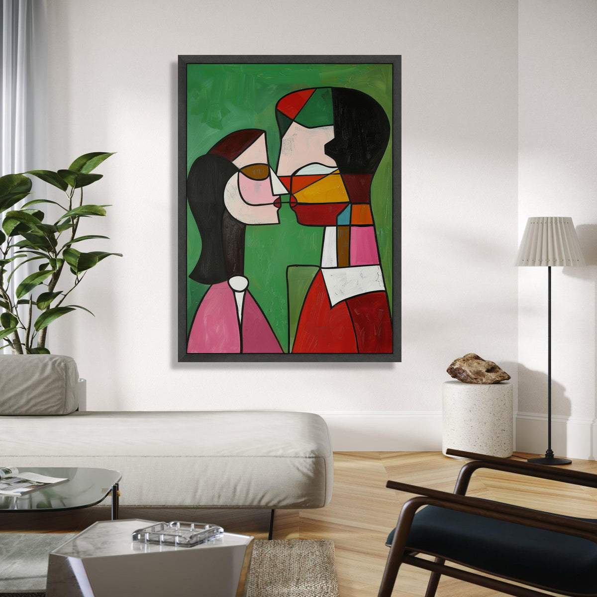 Abstract Couple Kissing Canvas, Modern Cubism Wall Art, Colorful Expressionist Painting, Romantic Home Decor, Gift Art, Home Decor, Print
