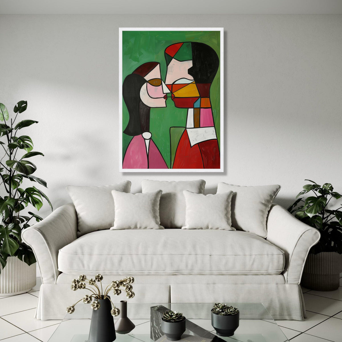 Abstract Couple Kissing Canvas, Modern Cubism Wall Art, Colorful Expressionist Painting, Romantic Home Decor, Gift Art, Home Decor, Print