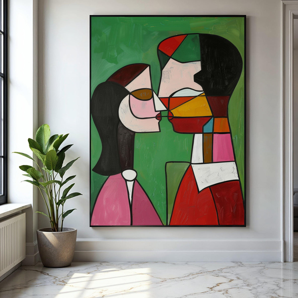 Abstract Couple Kissing Canvas, Modern Cubism Wall Art, Colorful Expressionist Painting, Romantic Home Decor, Gift Art, Home Decor, Print