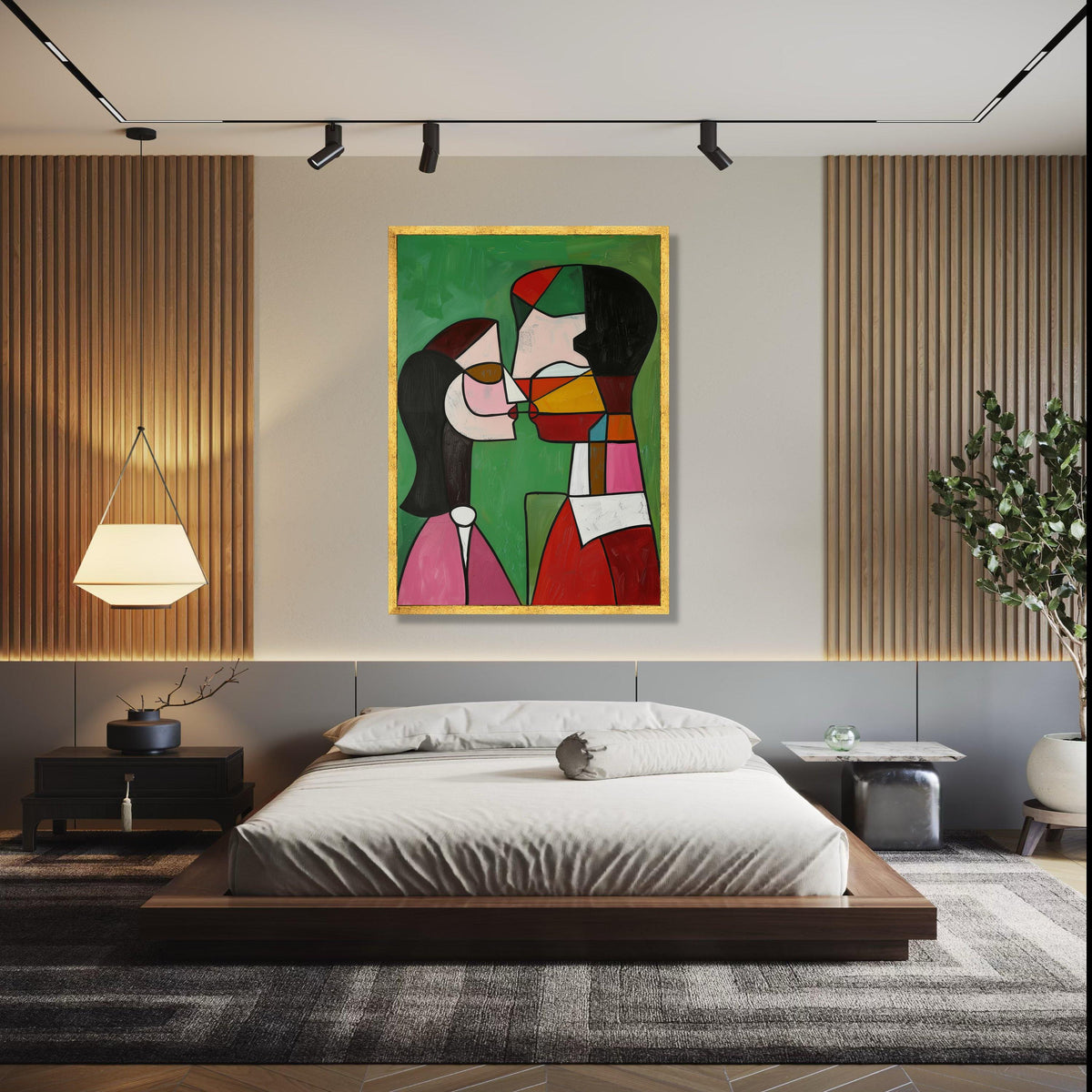Abstract Couple Kissing Canvas, Modern Cubism Wall Art, Colorful Expressionist Painting, Romantic Home Decor, Gift Art, Home Decor, Print