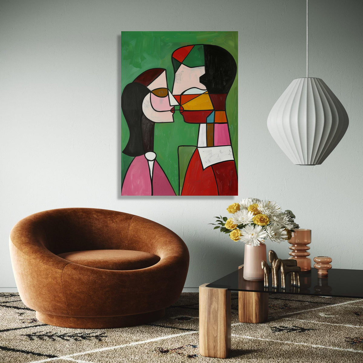 Abstract Couple Kissing Canvas, Modern Cubism Wall Art, Colorful Expressionist Painting, Romantic Home Decor, Gift Art, Home Decor, Print