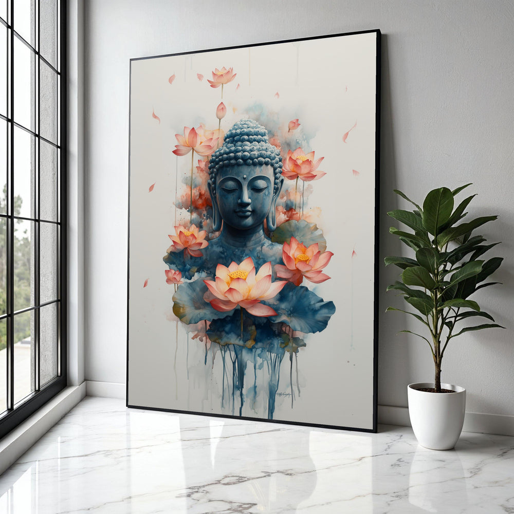 Serene Buddha Head Canvas Wall Art, Lotus Flower Meditation Painting, Zen Spiritual Home Decor, Tranquil Asian Gift Art, Home Decor, Print