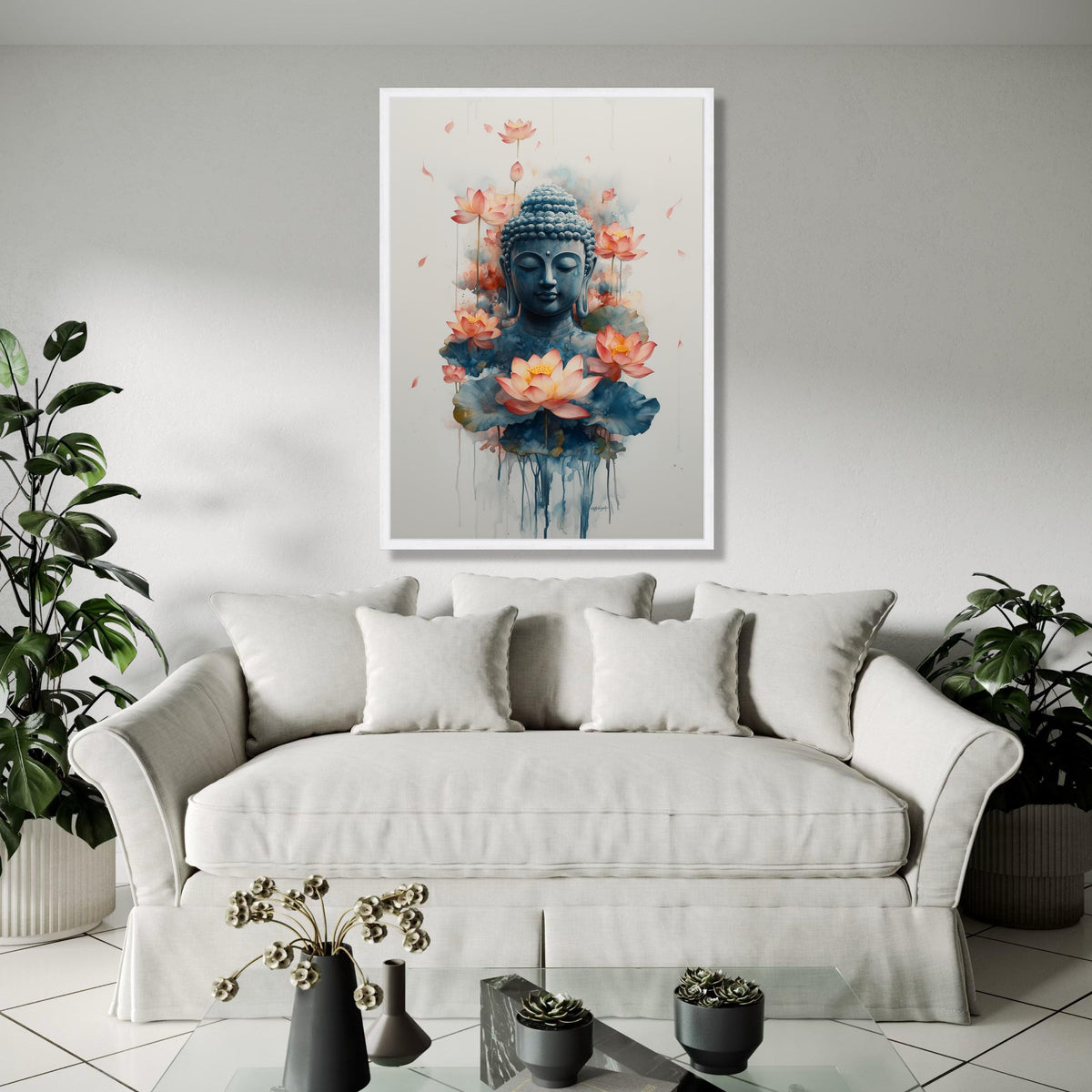 Serene Buddha Head Canvas Wall Art, Lotus Flower Meditation Painting, Zen Spiritual Home Decor, Tranquil Asian Gift Art, Home Decor, Print