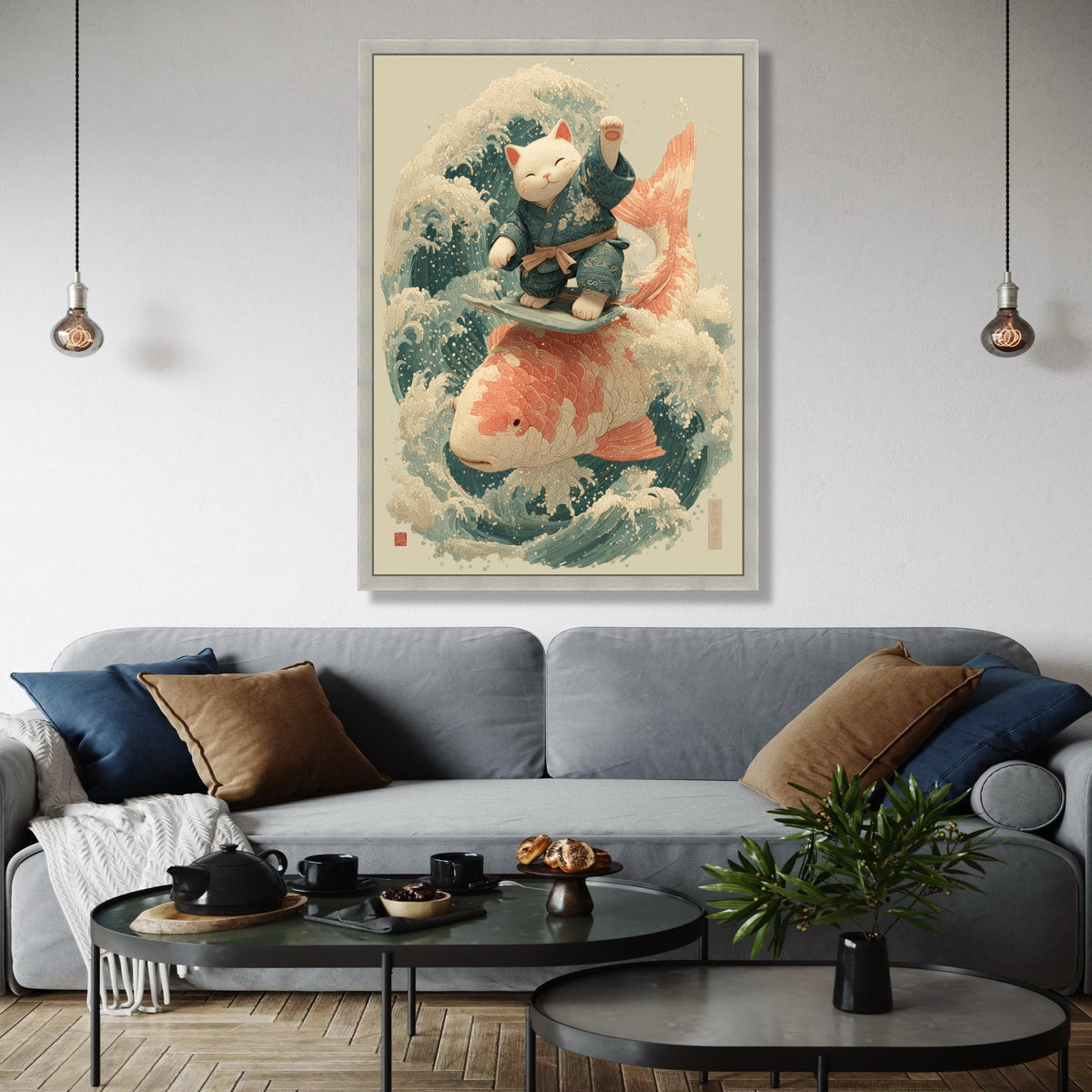 Surfing Lucky Cat Canvas, Koi Fish Wave Art, Japanese Style Wall Decor, Zen Animal Illustration, Coastal Home Gift Art, Home Decor, Print