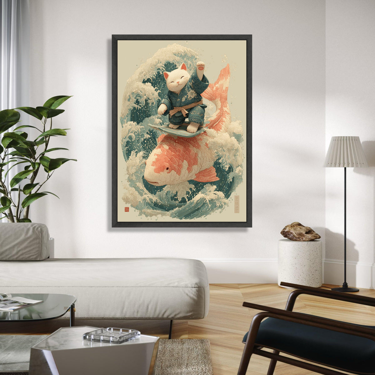 Surfing Lucky Cat Canvas, Koi Fish Wave Art, Japanese Style Wall Decor, Zen Animal Illustration, Coastal Home Gift Art, Home Decor, Print