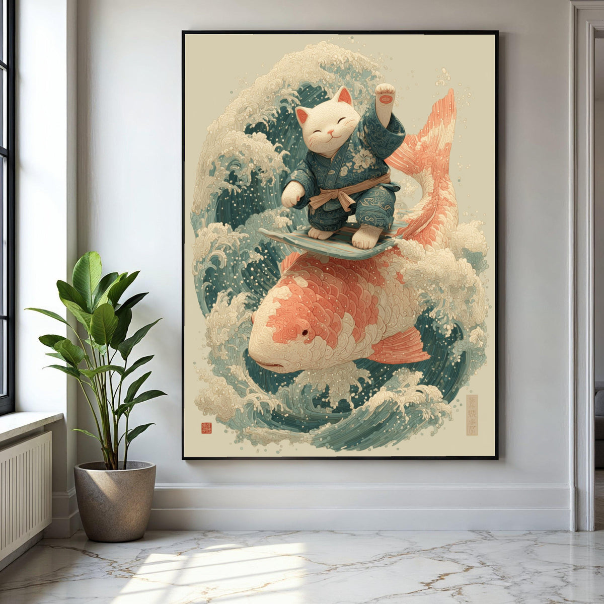 Surfing Lucky Cat Canvas, Koi Fish Wave Art, Japanese Style Wall Decor, Zen Animal Illustration, Coastal Home Gift Art, Home Decor, Print