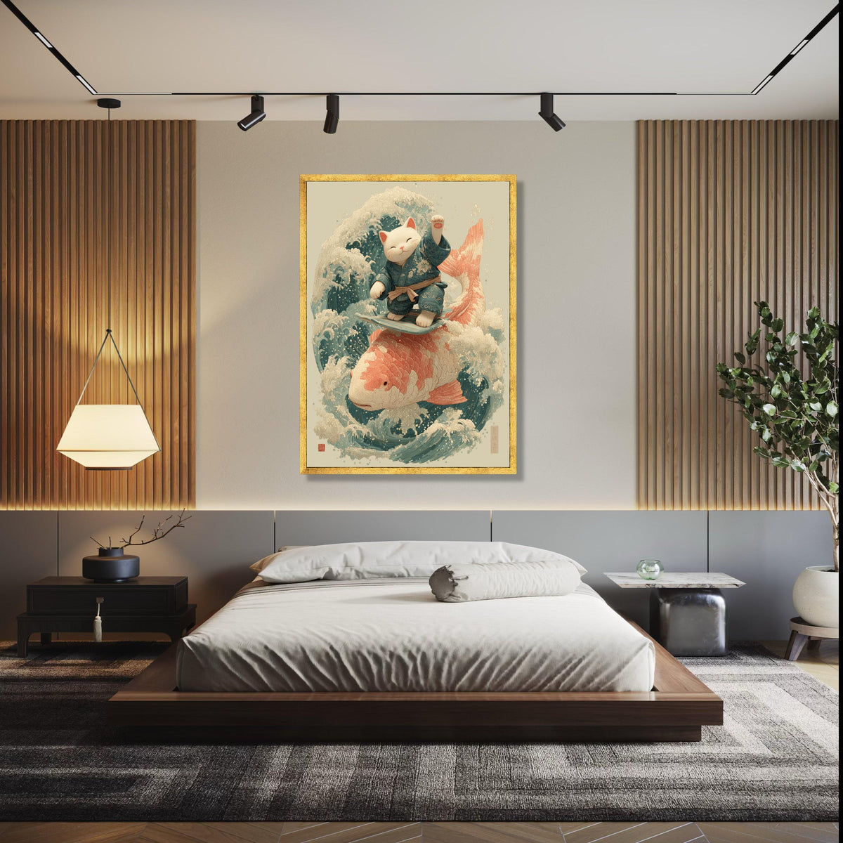 Surfing Lucky Cat Canvas, Koi Fish Wave Art, Japanese Style Wall Decor, Zen Animal Illustration, Coastal Home Gift Art, Home Decor, Print