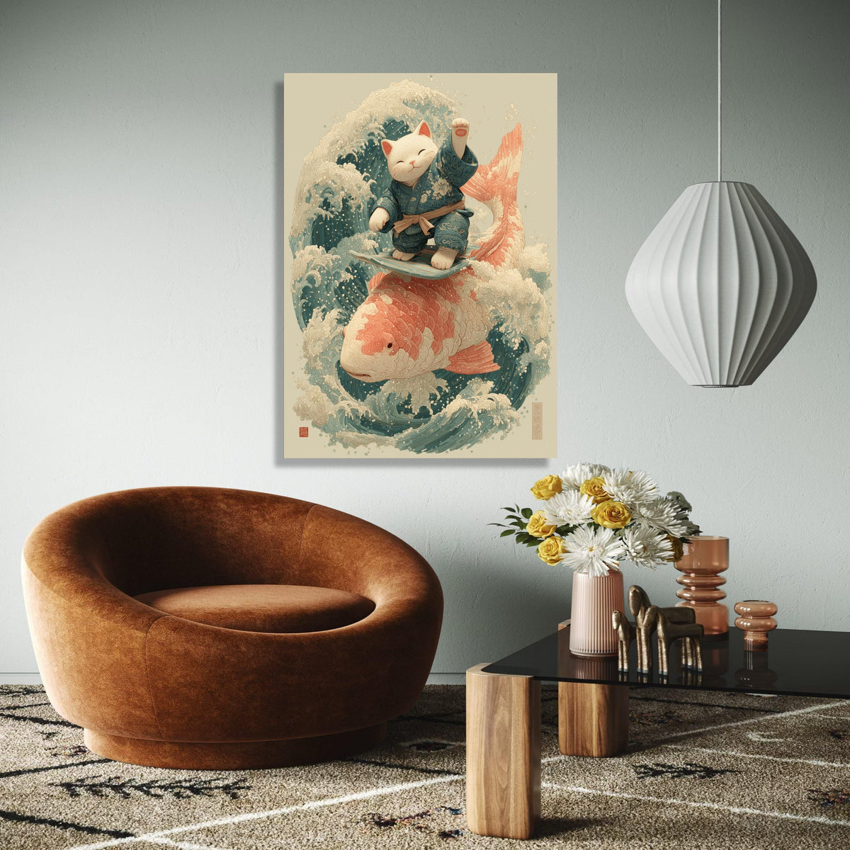Surfing Lucky Cat Canvas, Koi Fish Wave Art, Japanese Style Wall Decor, Zen Animal Illustration, Coastal Home Gift Art, Home Decor, Print