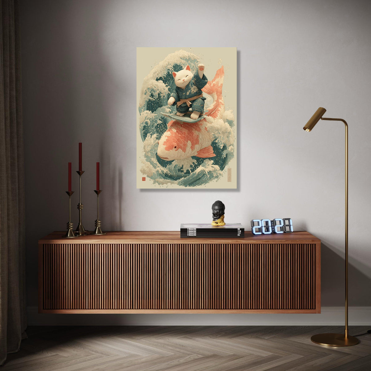 Surfing Lucky Cat Canvas, Koi Fish Wave Art, Japanese Style Wall Decor, Zen Animal Illustration, Coastal Home Gift Art, Home Decor, Print