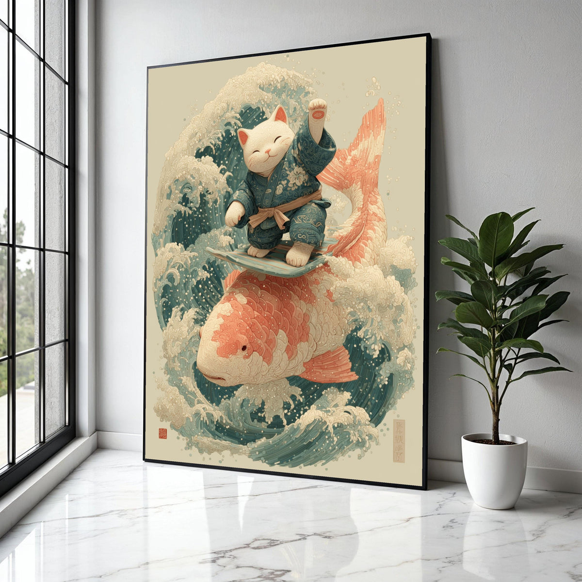 Surfing Lucky Cat Canvas, Koi Fish Wave Art, Japanese Style Wall Decor, Zen Animal Illustration, Coastal Home Gift Art, Home Decor, Print