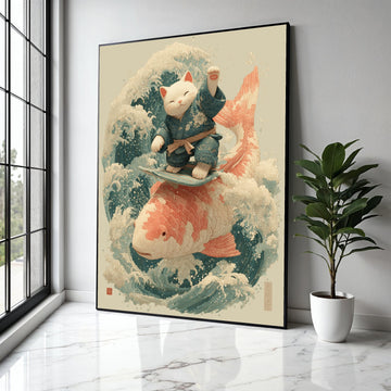 Surfing Lucky Cat Canvas, Koi Fish Wave Art, Japanese Style Wall Decor, Zen Animal Illustration, Coastal Home Gift Art, Home Decor, Print