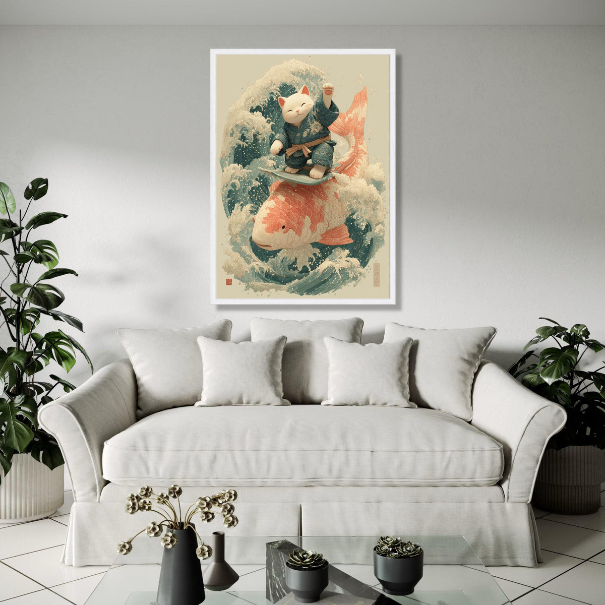 Surfing Lucky Cat Canvas, Koi Fish Wave Art, Japanese Style Wall Decor, Zen Animal Illustration, Coastal Home Gift Art, Home Decor, Print