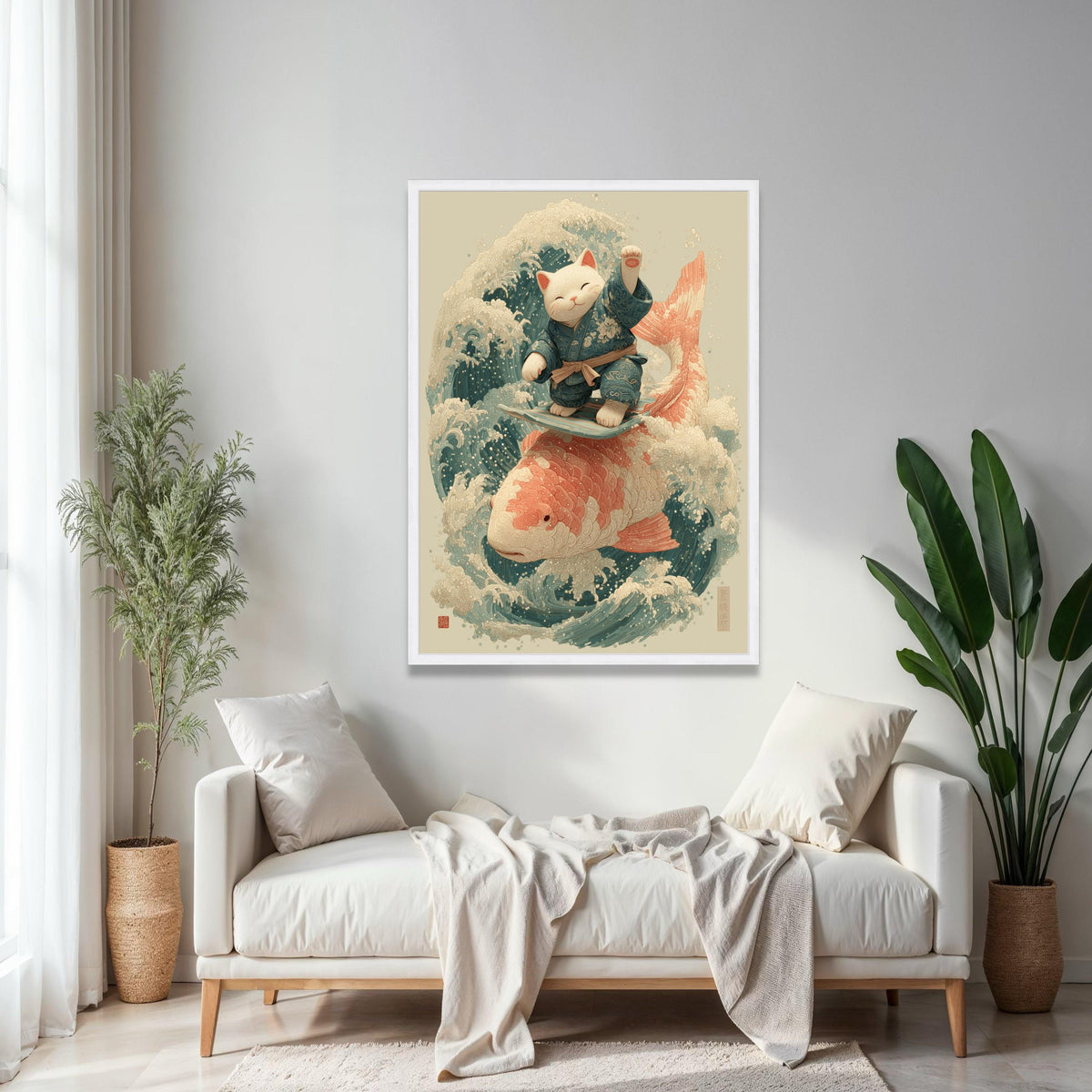 Surfing Lucky Cat Canvas, Koi Fish Wave Art, Japanese Style Wall Decor, Zen Animal Illustration, Coastal Home Gift Art, Home Decor, Print