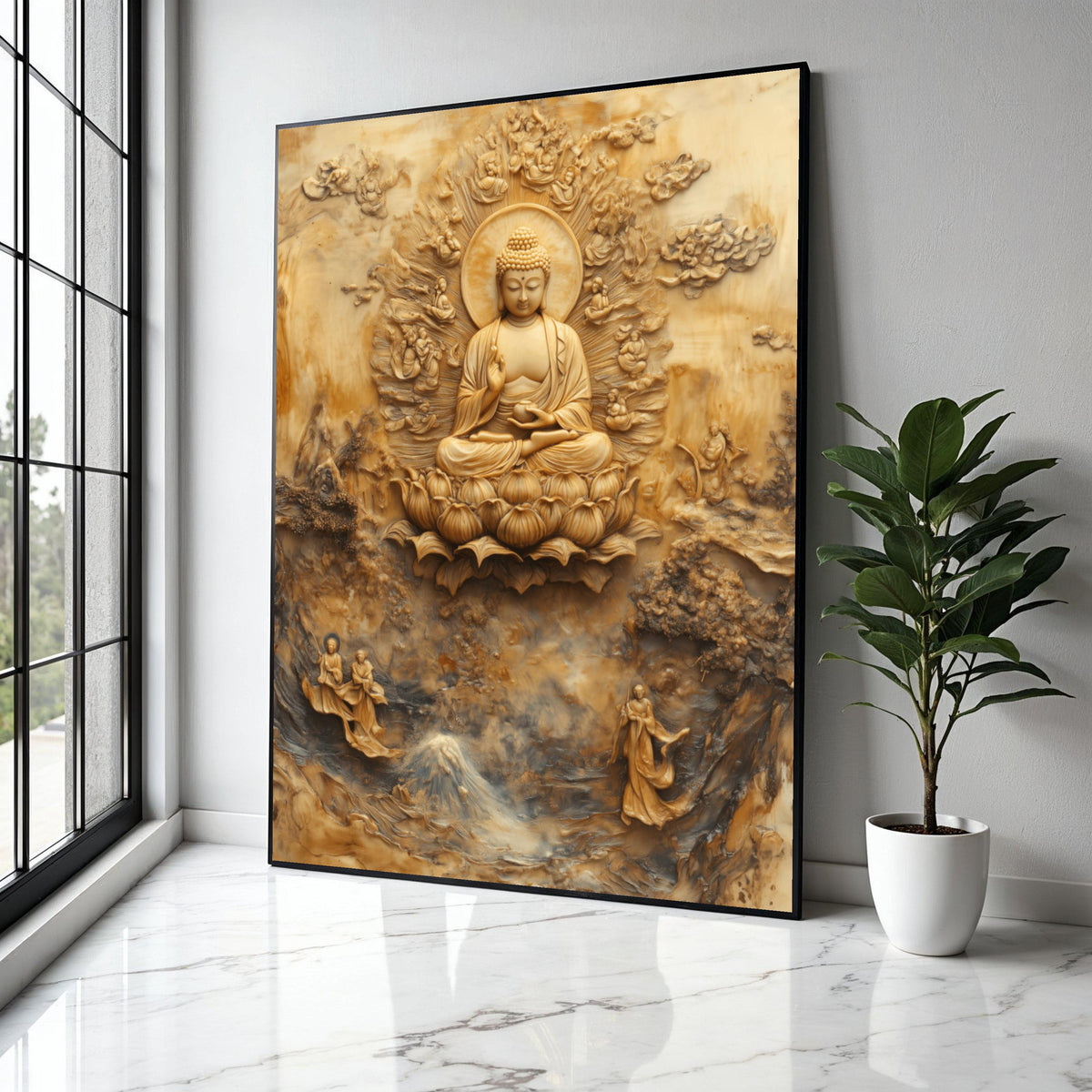 Buddha Meditation Canvas Wall Art, Sacred Lotus Throne, Spiritual Zen Home Decor, Buddhist Relief Sculpture Gift Art, Home Decor, Print