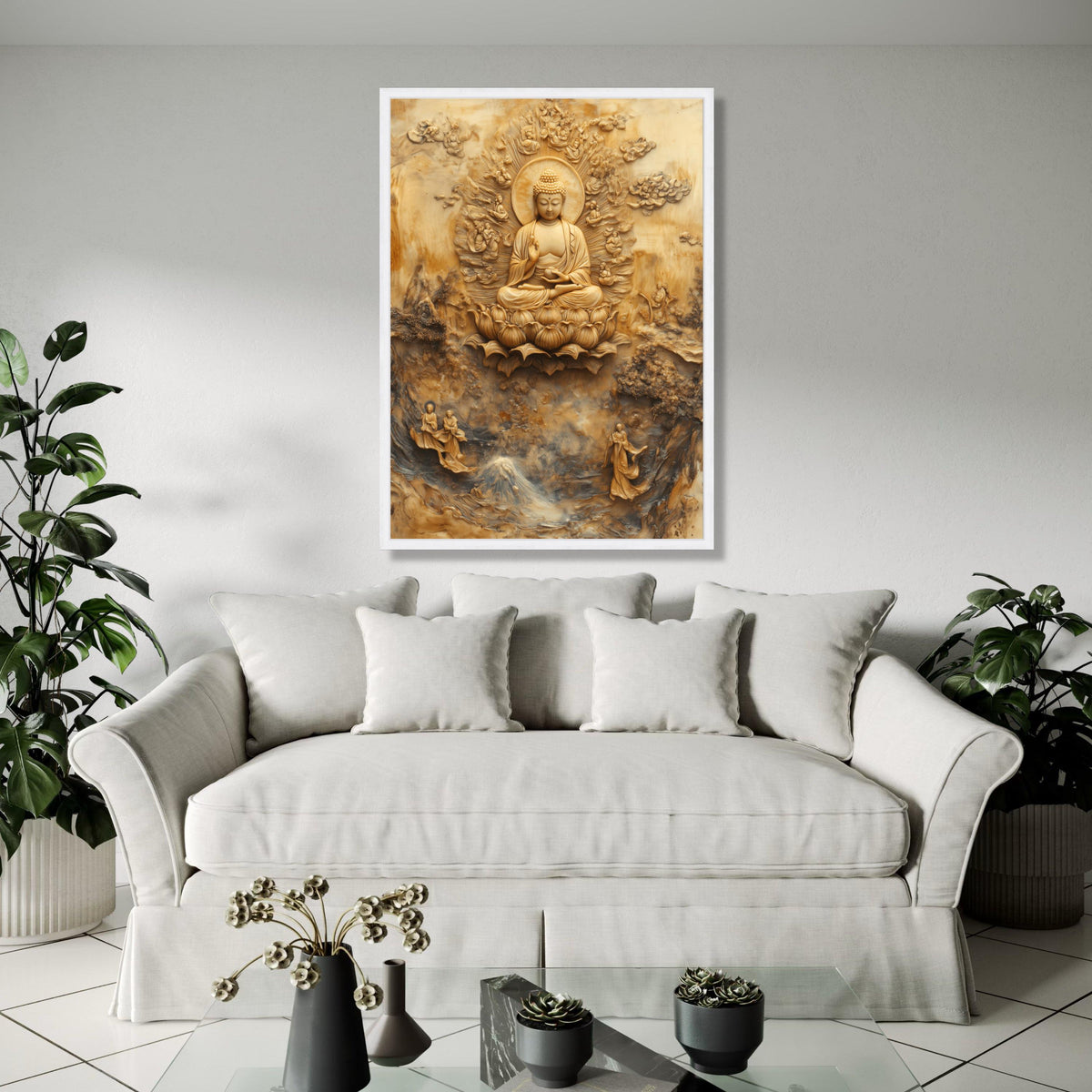 Buddha Meditation Canvas Wall Art, Sacred Lotus Throne, Spiritual Zen Home Decor, Buddhist Relief Sculpture Gift Art, Home Decor, Print