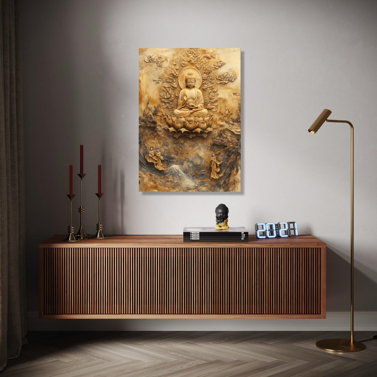 Buddha Meditation Canvas Wall Art, Sacred Lotus Throne, Spiritual Zen Home Decor, Buddhist Relief Sculpture Gift Art, Home Decor, Print