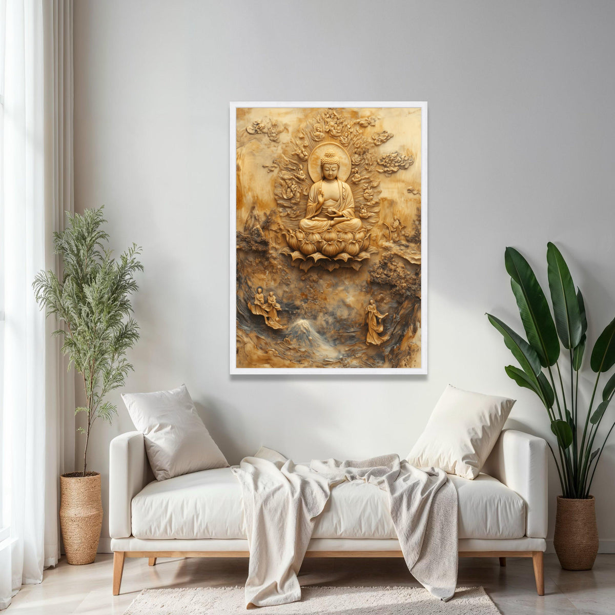 Buddha Meditation Canvas Wall Art, Sacred Lotus Throne, Spiritual Zen Home Decor, Buddhist Relief Sculpture Gift Art, Home Decor, Print