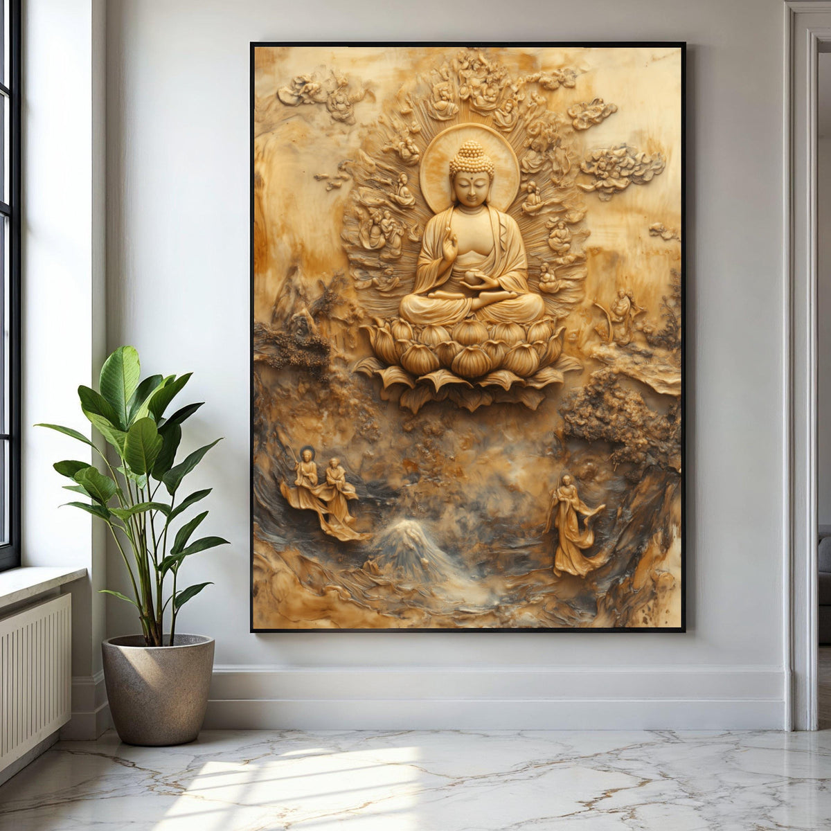 Buddha Meditation Canvas Wall Art, Sacred Lotus Throne, Spiritual Zen Home Decor, Buddhist Relief Sculpture Gift Art, Home Decor, Print