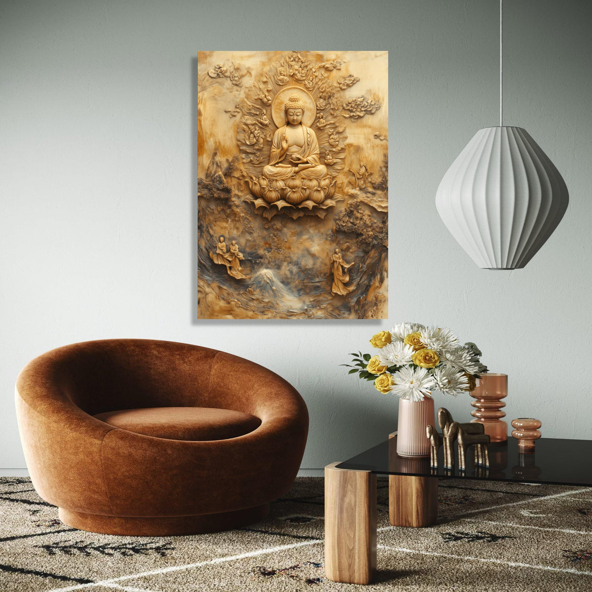 Buddha Meditation Canvas Wall Art, Sacred Lotus Throne, Spiritual Zen Home Decor, Buddhist Relief Sculpture Gift Art, Home Decor, Print